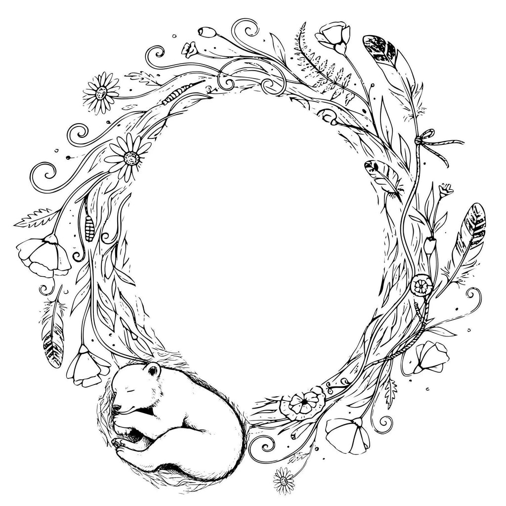 Black and white illustration of a bear cub surrounded by floral and leaf patterns on a white background.