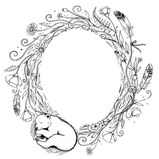 Black and white illustration of a bear cub surrounded by floral and leaf patterns on a white background.