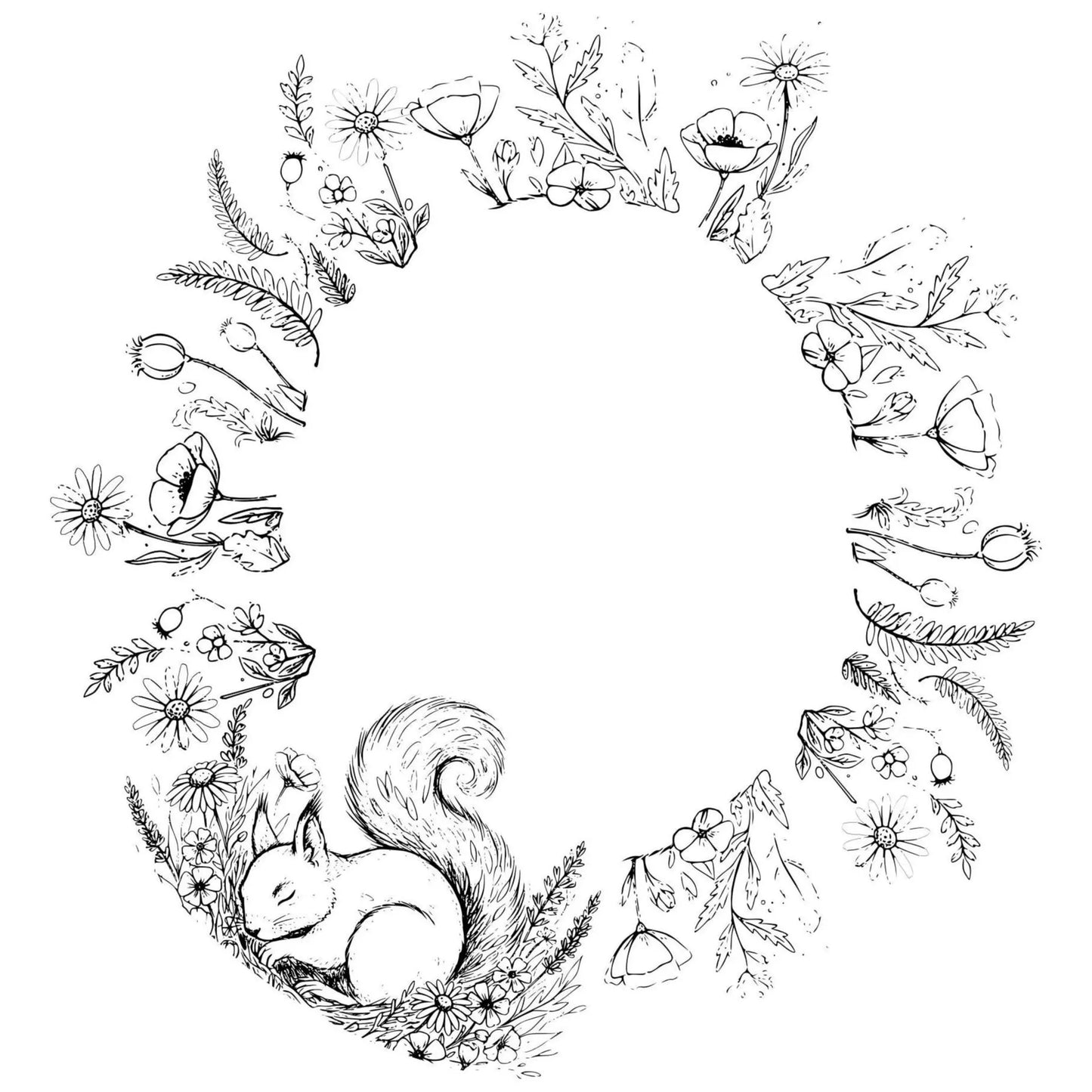Hat burning design of a squirrel surrounded by floral elements on a white background