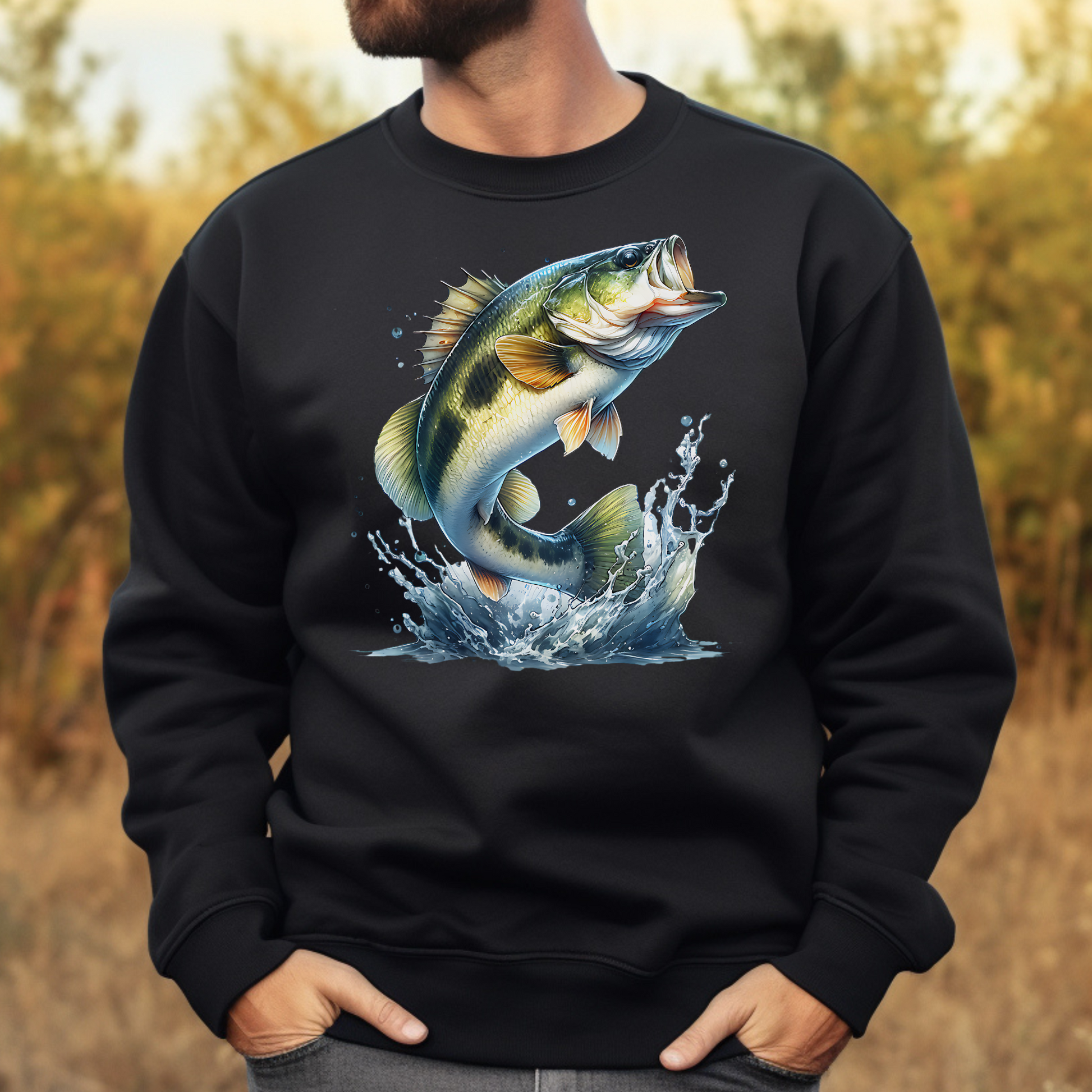 Smallmouth Bass PNG digital design on a man's black sweatshirt