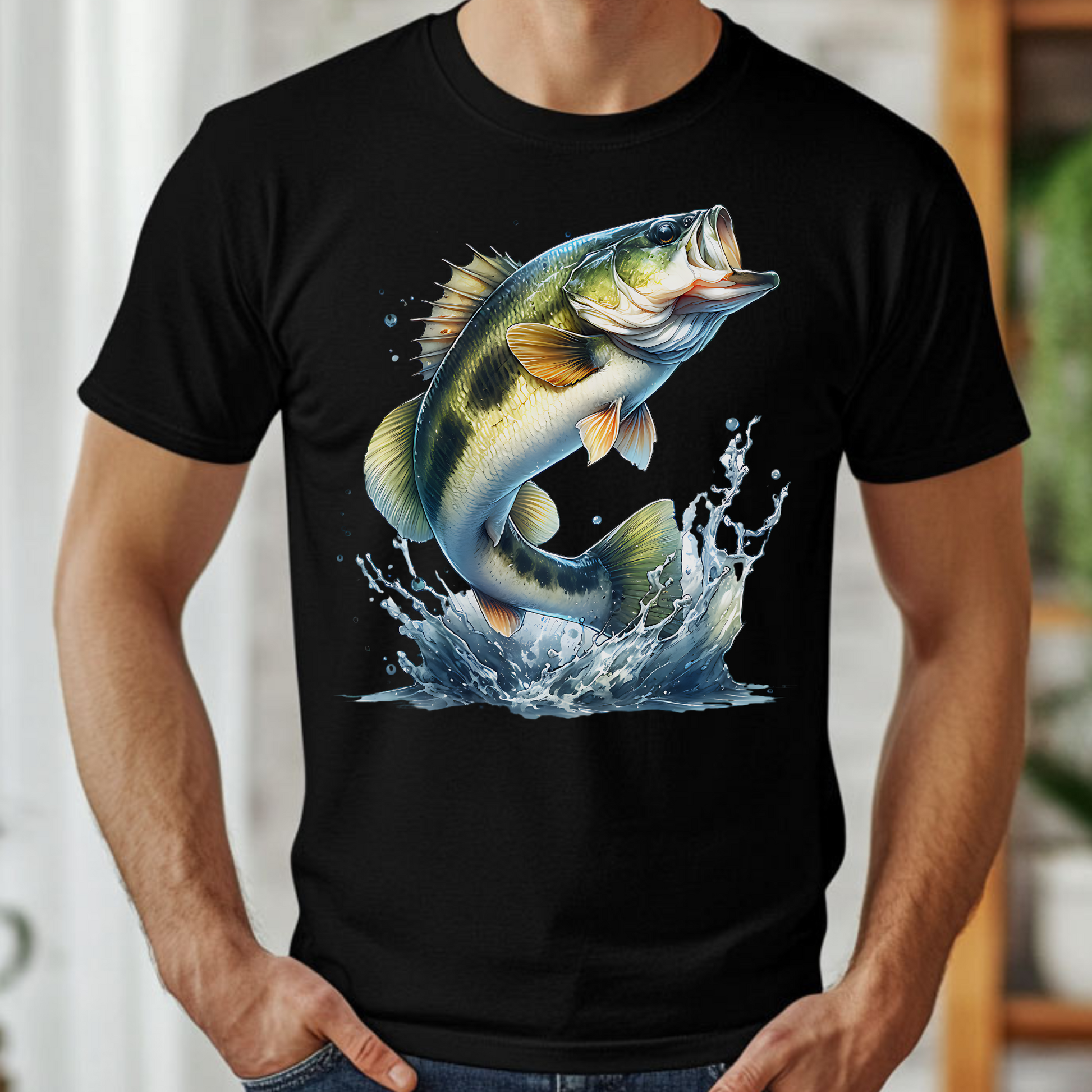 Smallmouth Bass PNG digital design on a man's white t-shirt