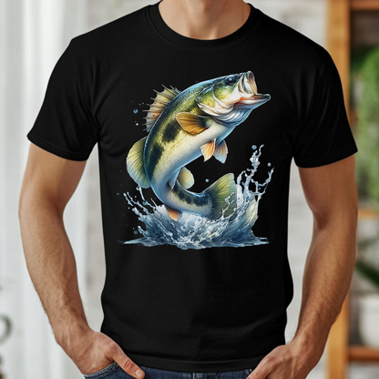 Smallmouth Bass PNG digital design on a man's white t-shirt
