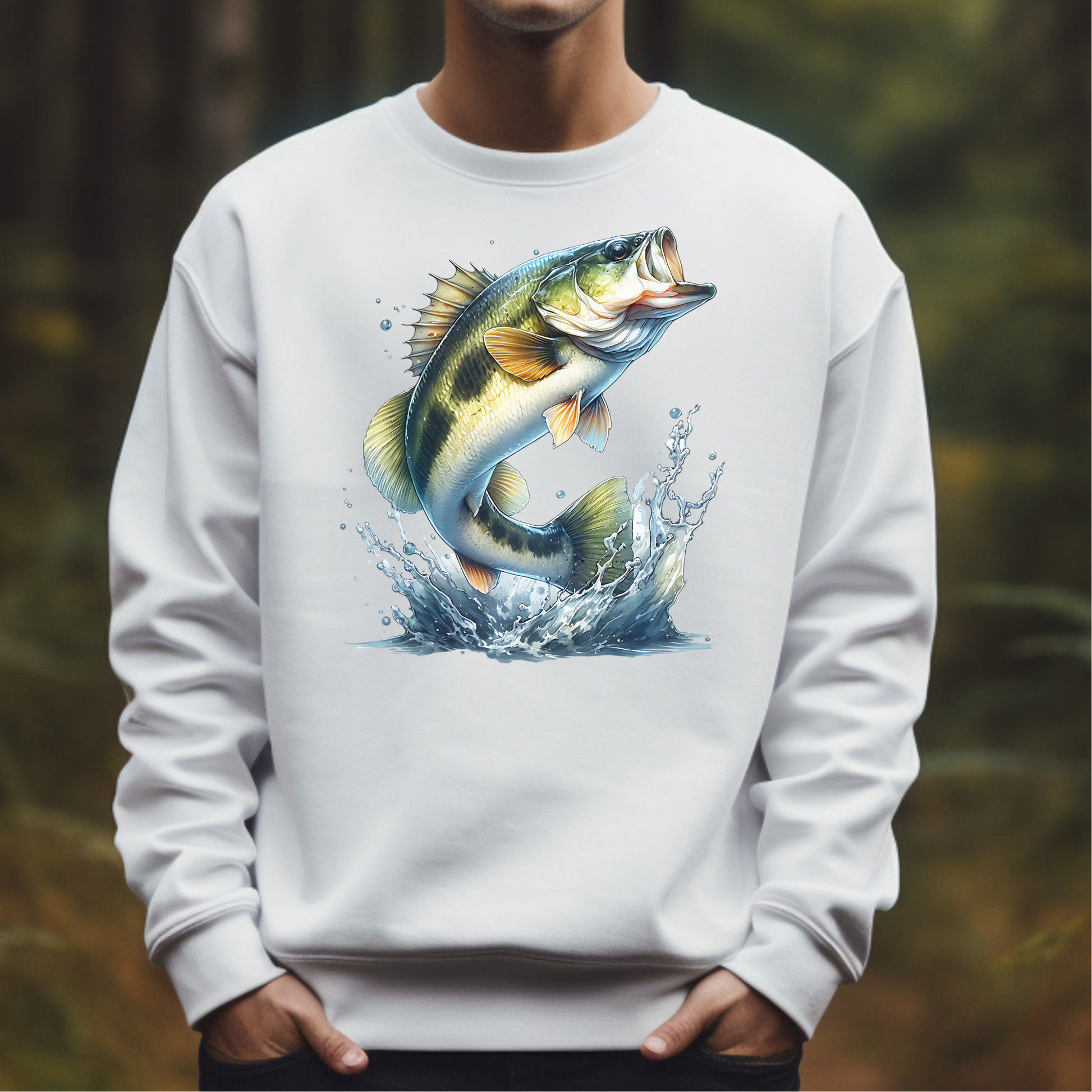Smallmouth Bass PNG digital design on a man's white sweatshirt