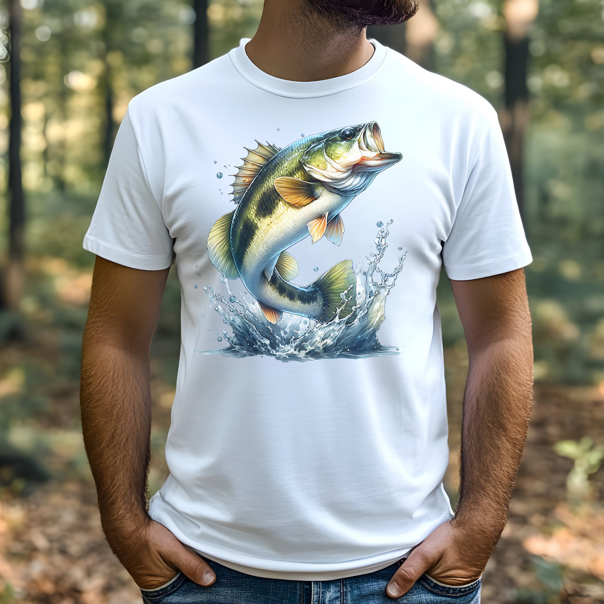 Smallmouth Bass PNG digital design on a man's white t-shirt