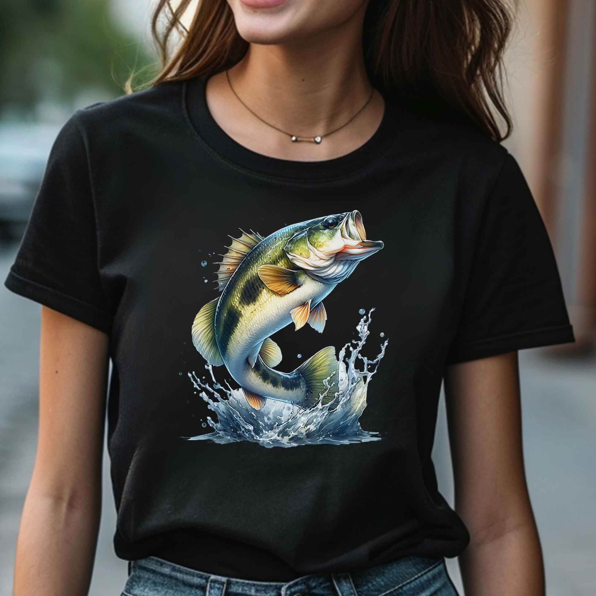 Smallmouth Bass PNG digital design on a woman's black t-shirt