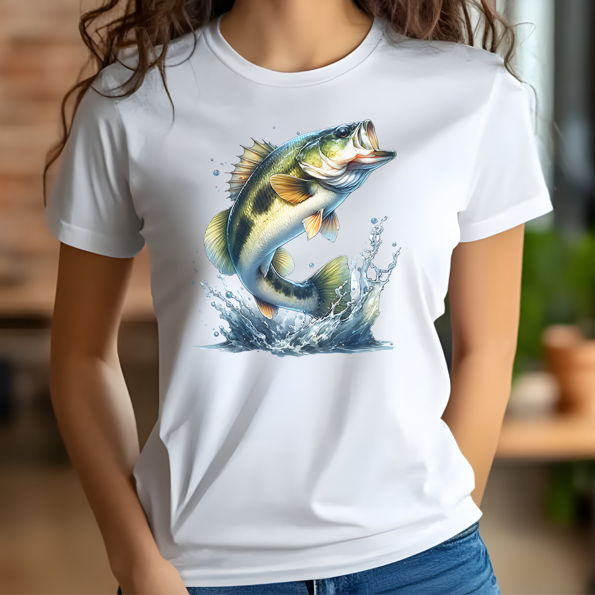 Smallmouth Bass PNG digital design on a woman's white t-shirt