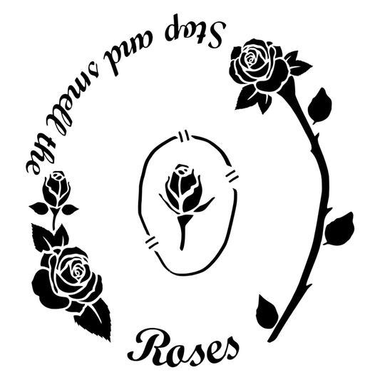Black and white design with roses and text on a white background