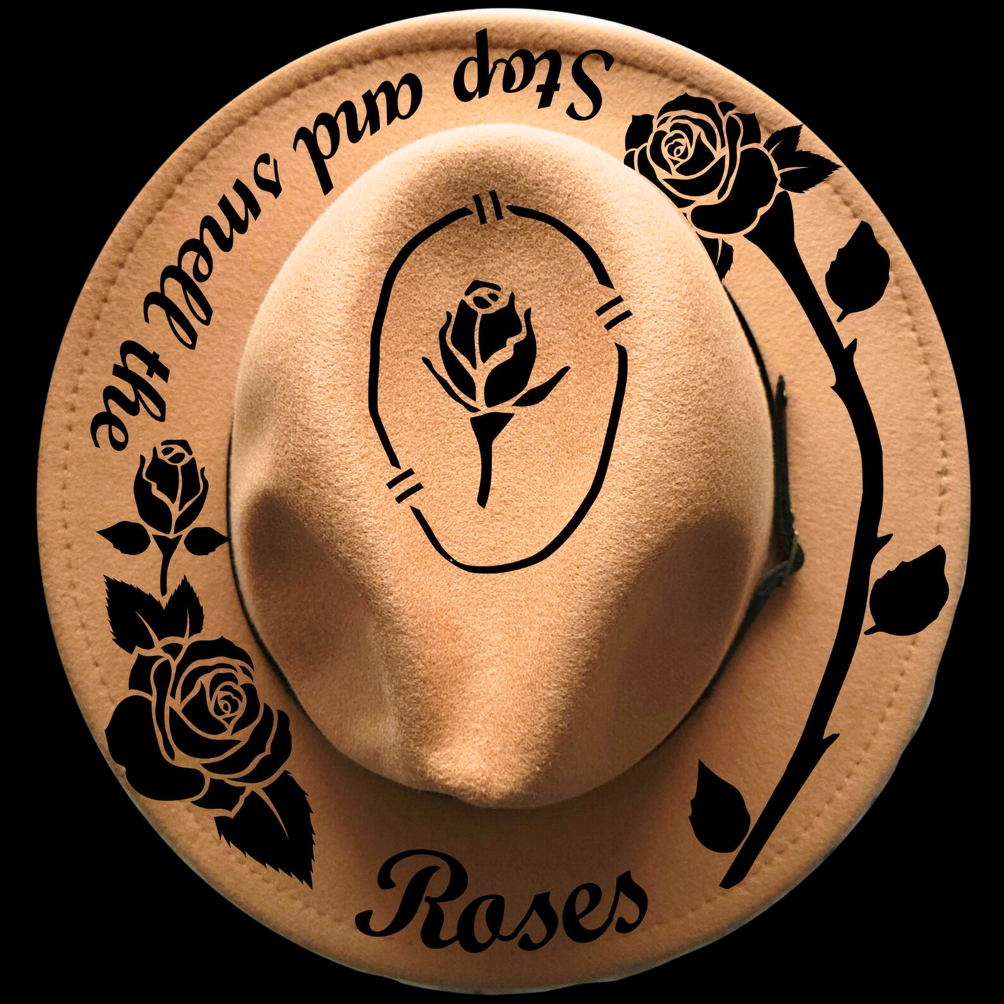 Narrow brim hat with black rose designs and text on a black background