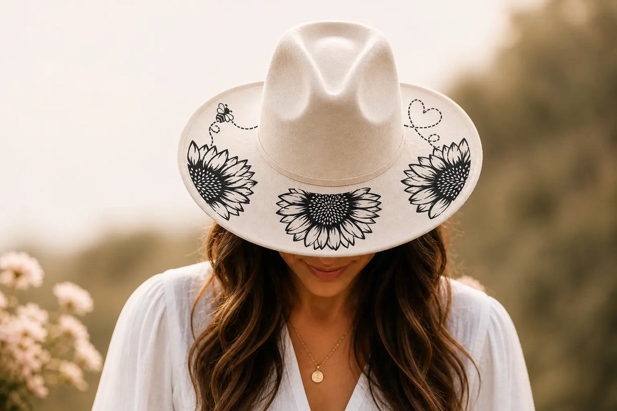 Woman wearing a white hat with black floral designs in a natural setting
