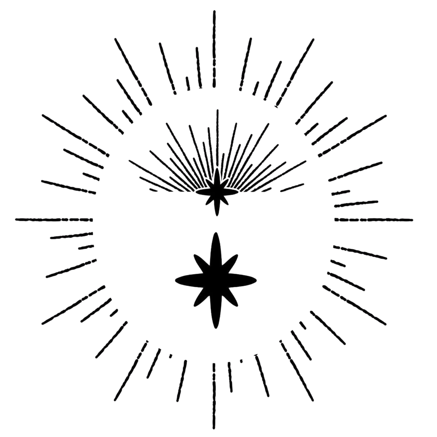 Black starburst design on a white background