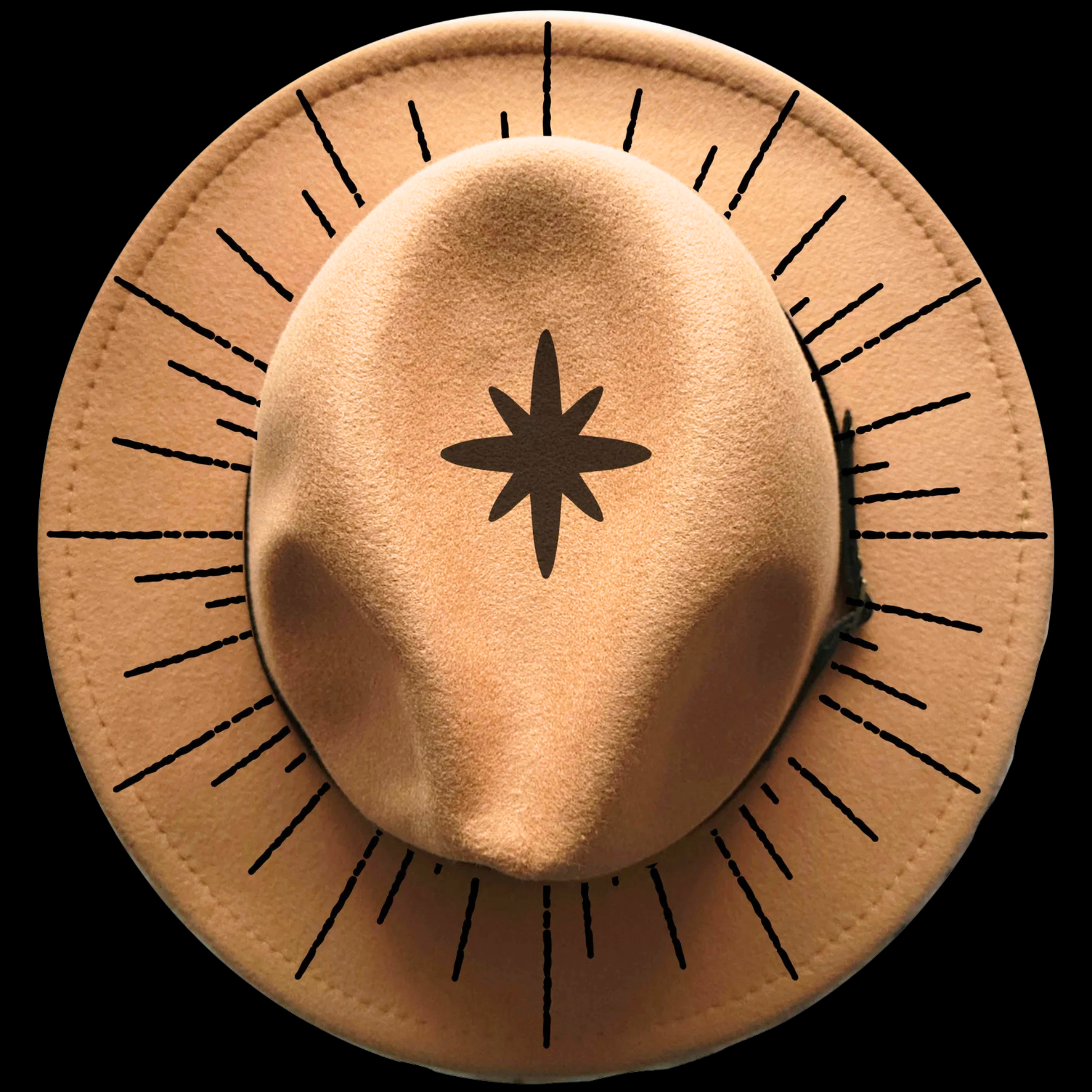 Narrow brim hat with black star design on a black background