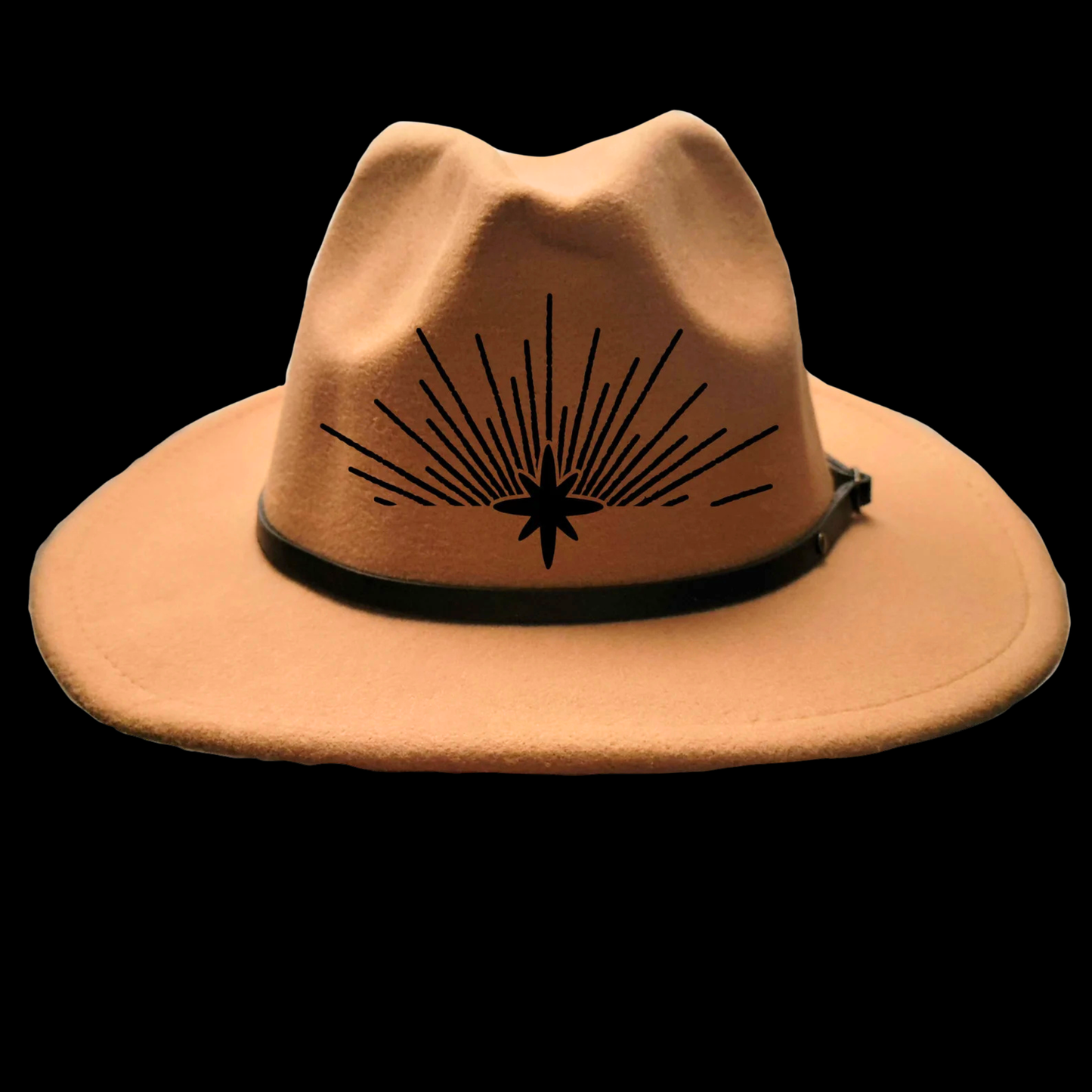 Front view of a narrow brim hat with black starburst design on a black background