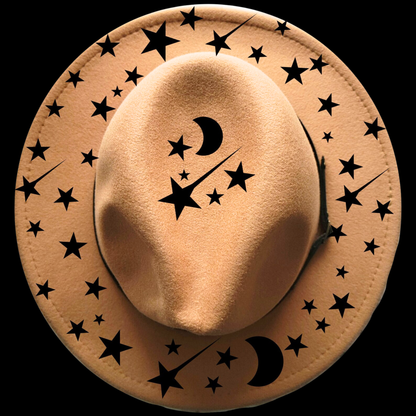 Narrow brim hat with star and moon designs on a black background