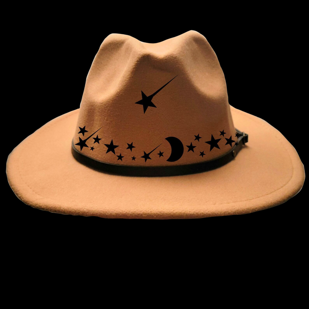 Front view of a narrow brim hat with black star and moon designs on a black background