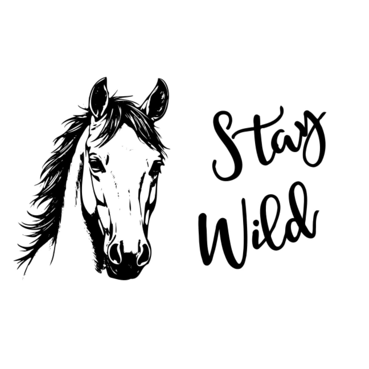Black and white illustration of a horse's head with 'Stay Wild' text on a white background
