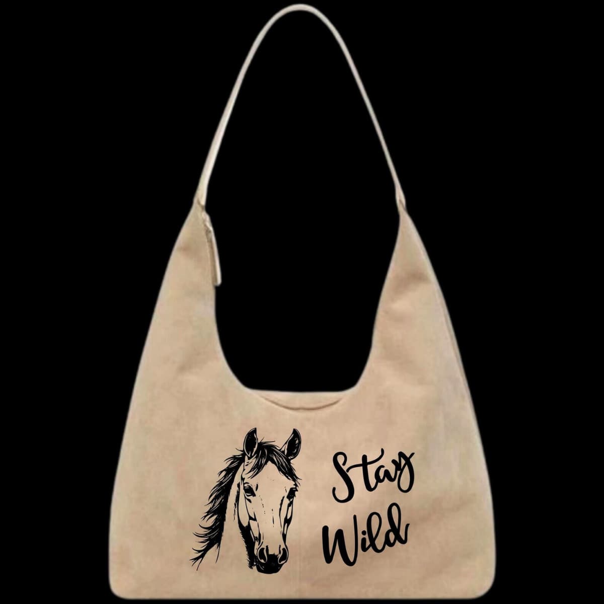 Leather bag with horse illustration and 'Stay Wild' text on a black background