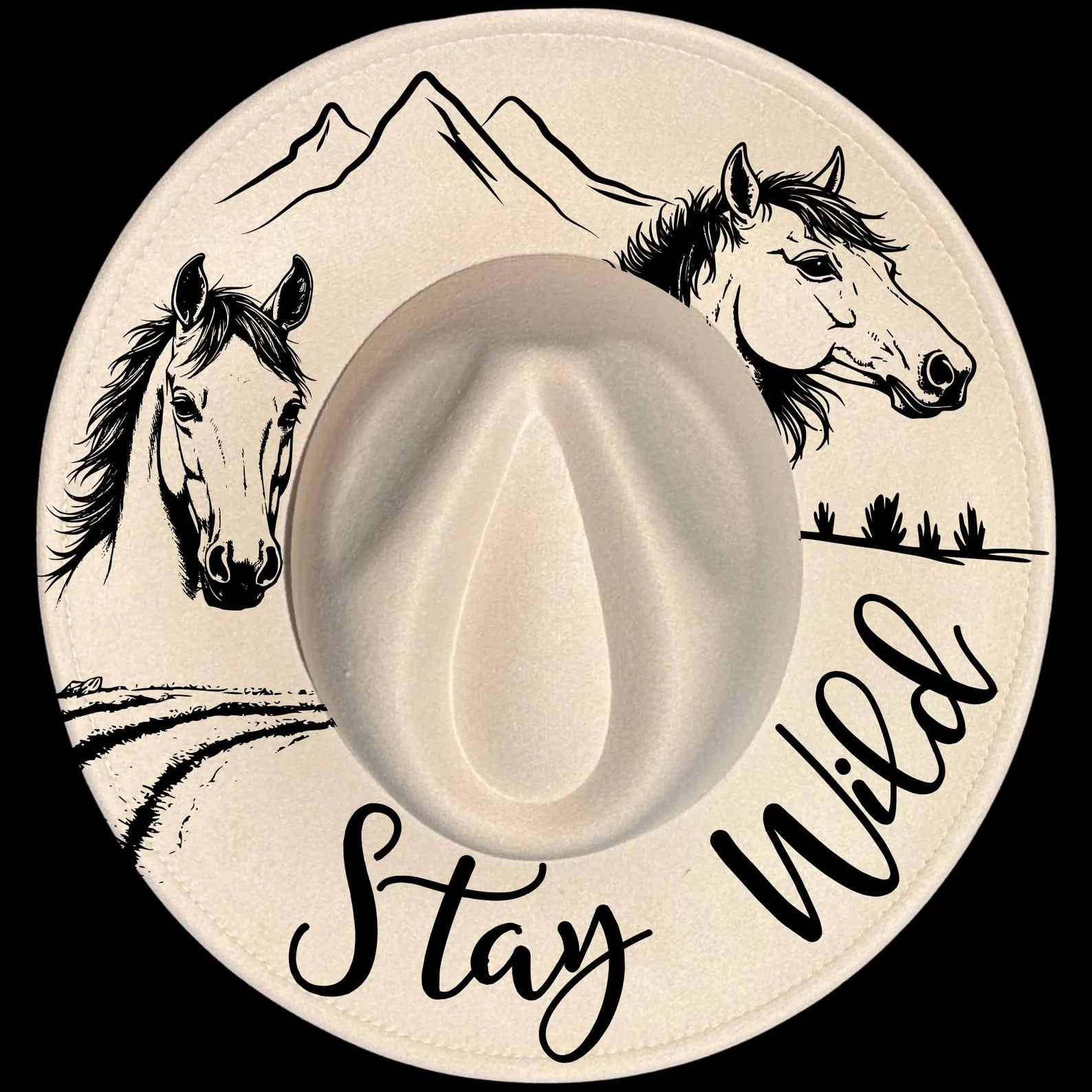 Stay Wild Horses burned hat burning design on a wide brim hat