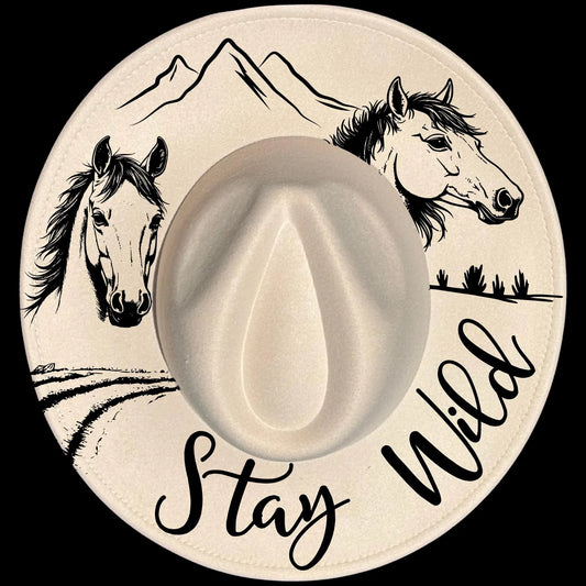 Stay Wild Horses burned hat burning design on a wide brim hat