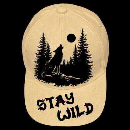 A baseball cap with a wolf and forest design and 'Stay Wild' text on a black background