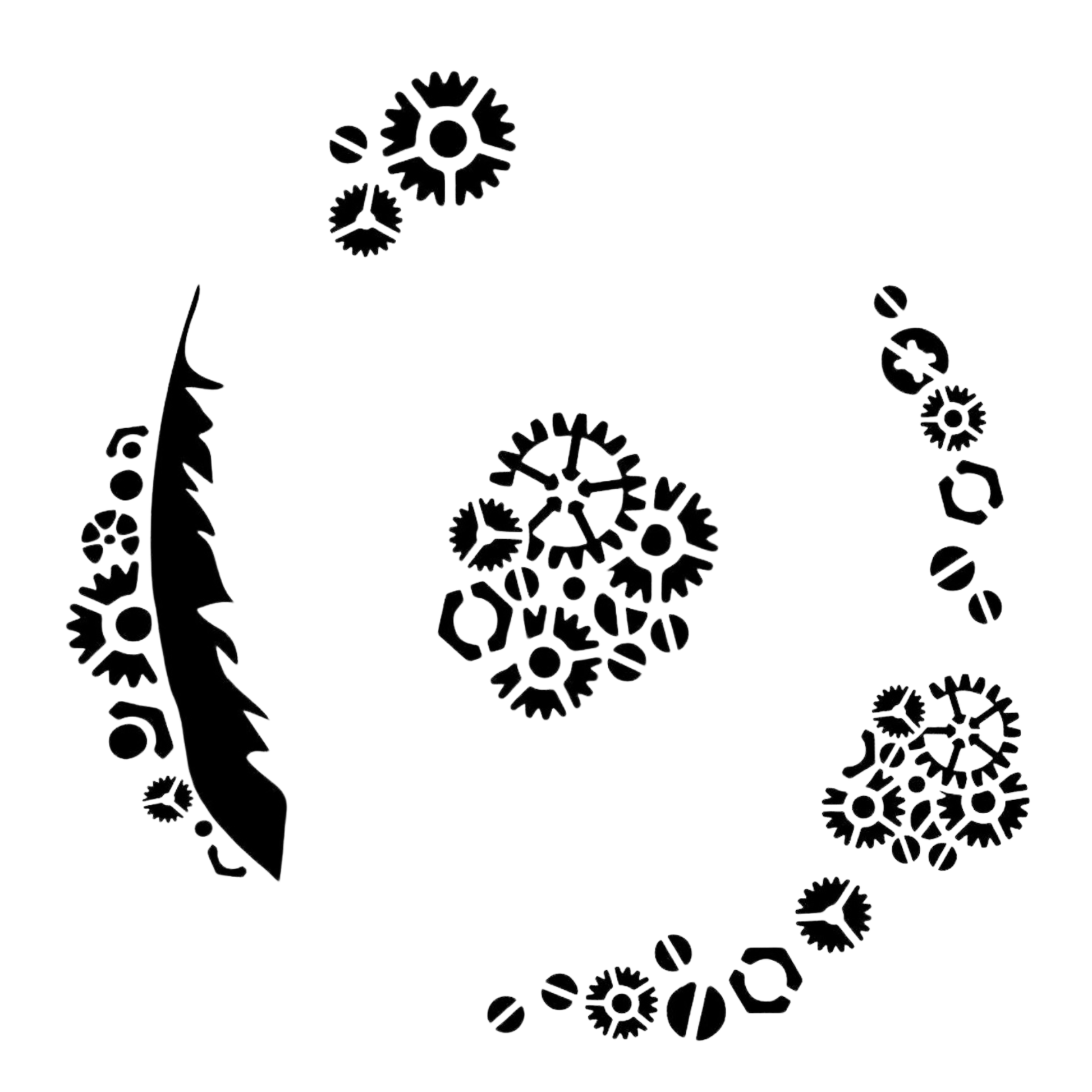 Set of black gears and feather designs on a white background