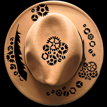 Narrow brim hat with black gears and feather patterns on a black background