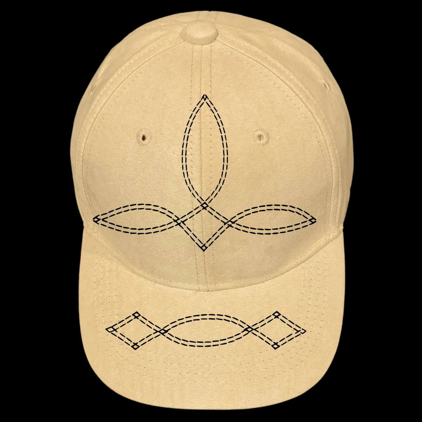 Baseball cap with black embroidered designs on a black background