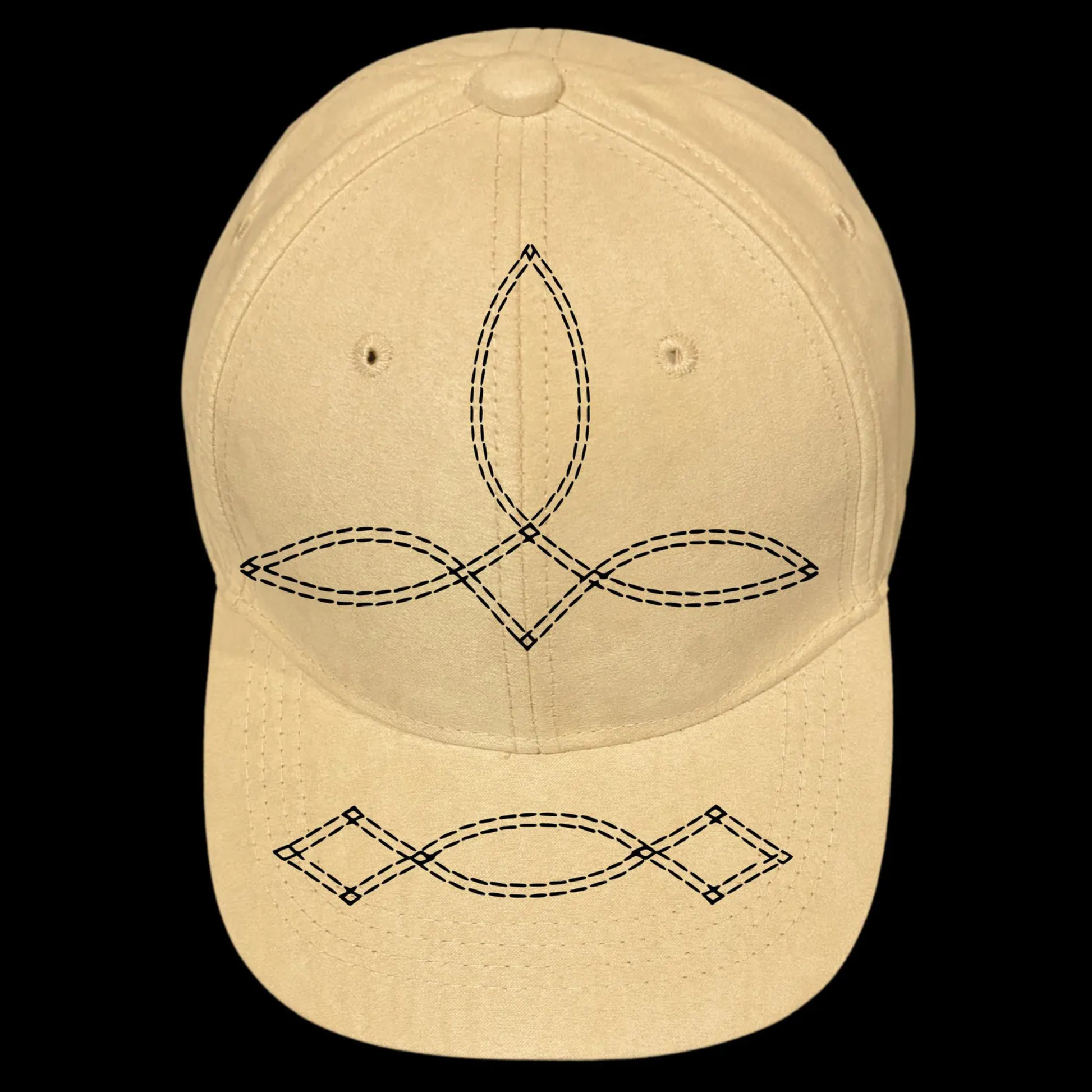 Baseball cap with black embroidered designs on a black background