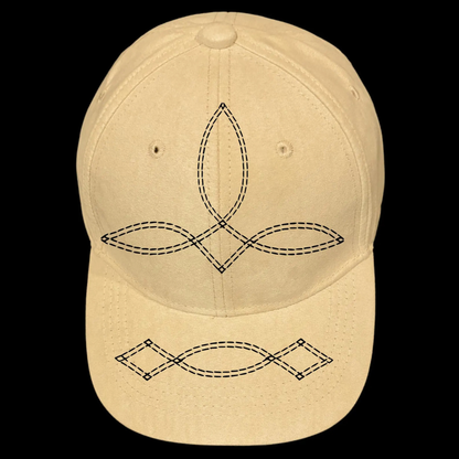 Baseball cap with black embroidered designs on a black background