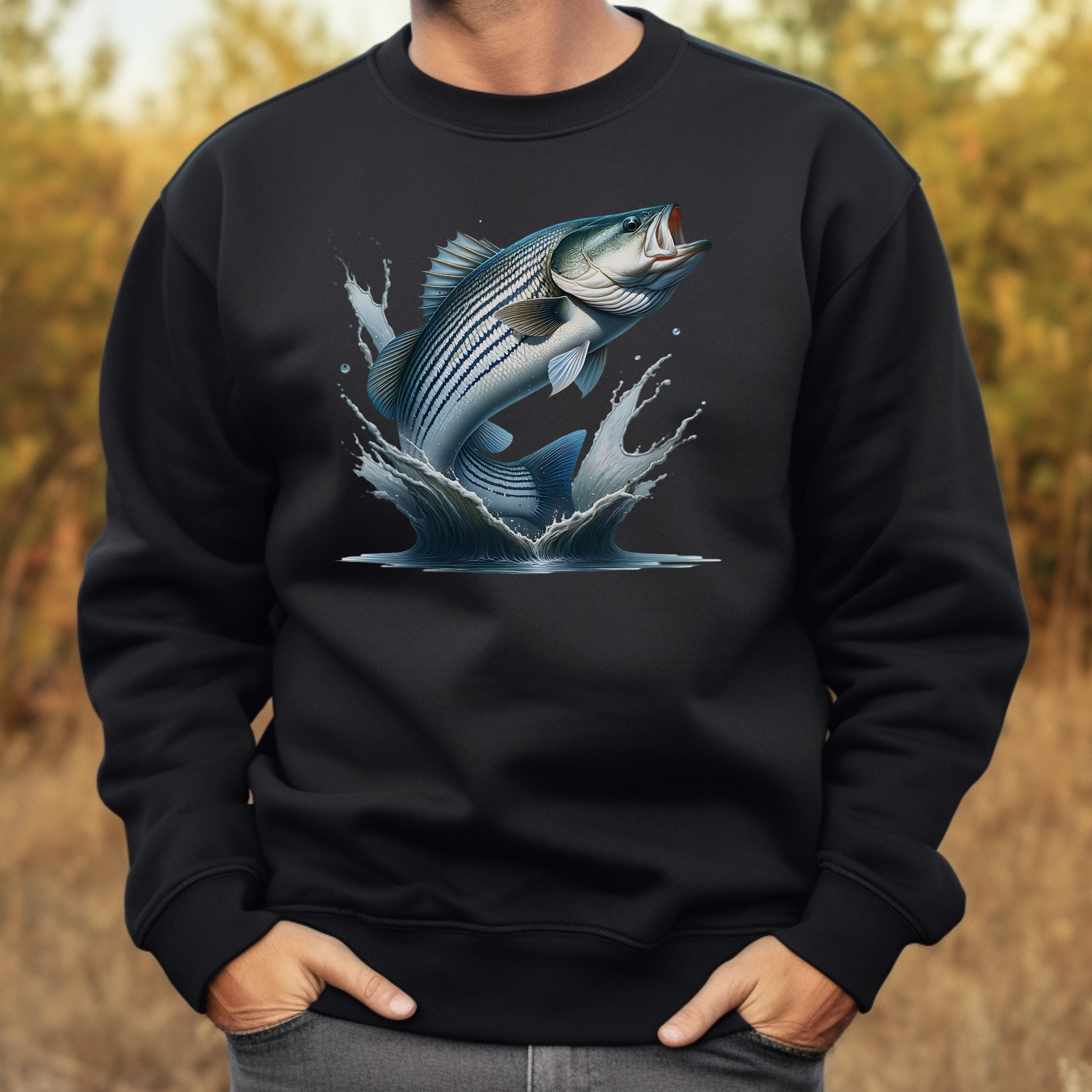 Striped Bass PNG Digital Design on a man's black sweatshirt