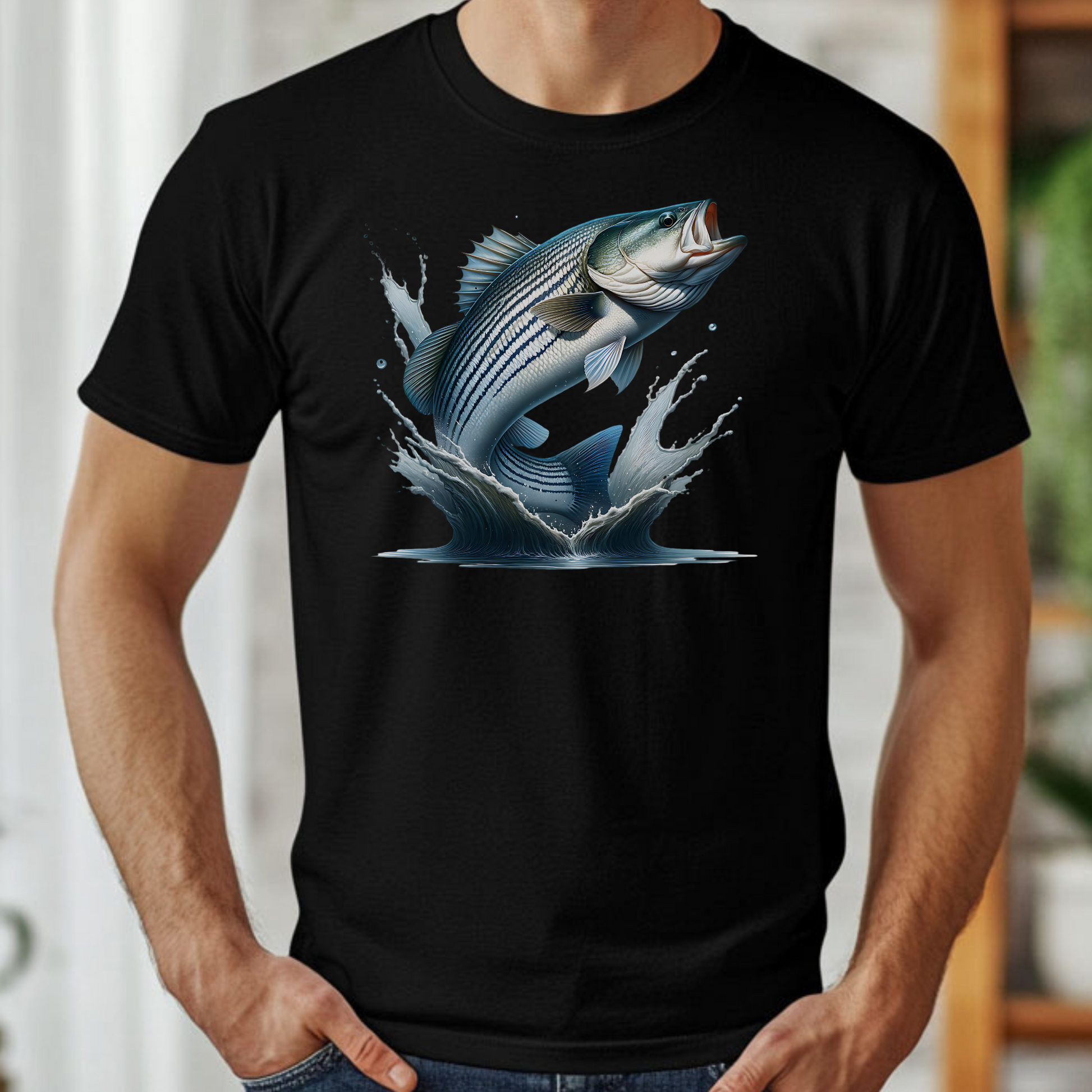 Striped Bass PNG Digital Design on a man's black t-shirt
