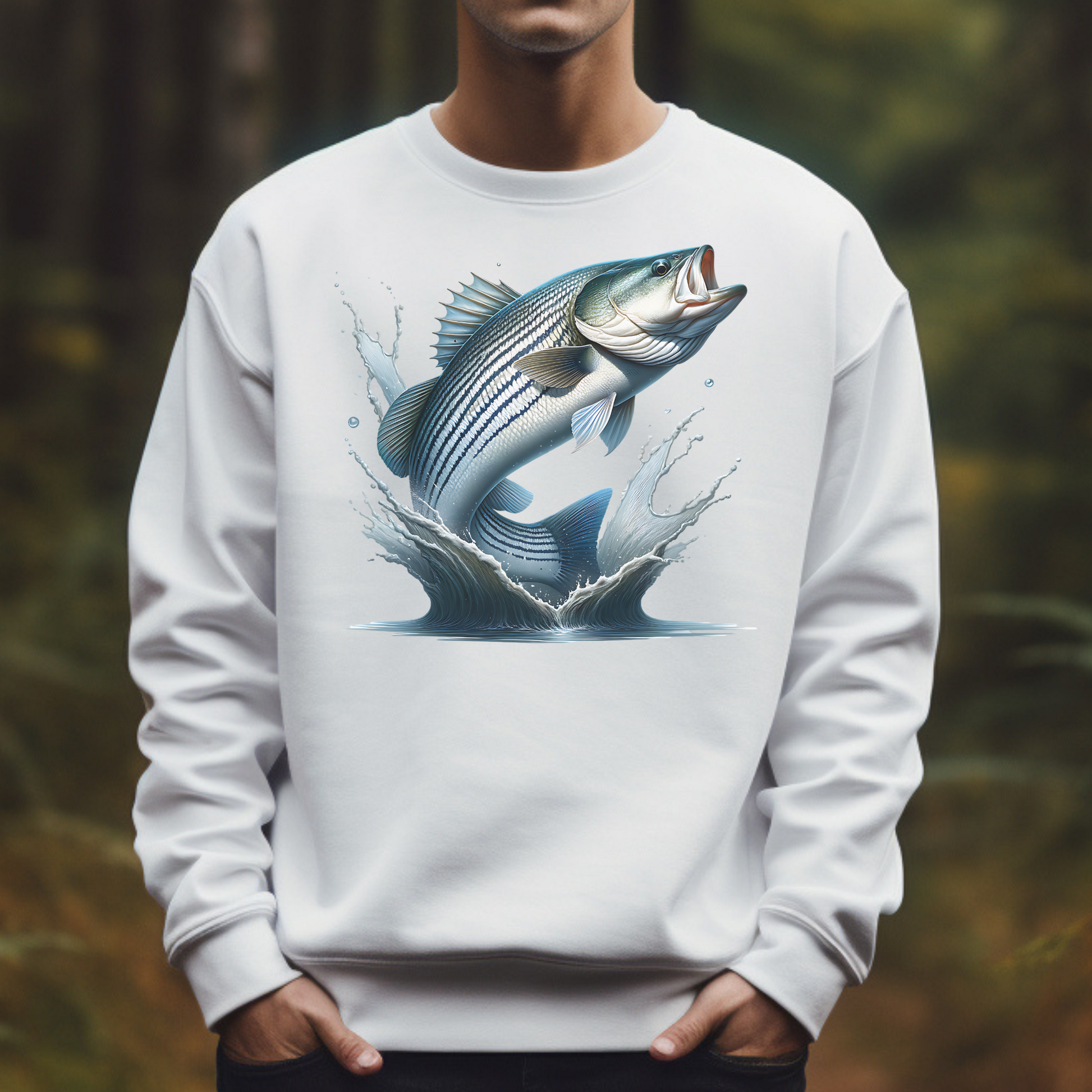 Striped Bass PNG Digital Design on a man's white sweatshirt