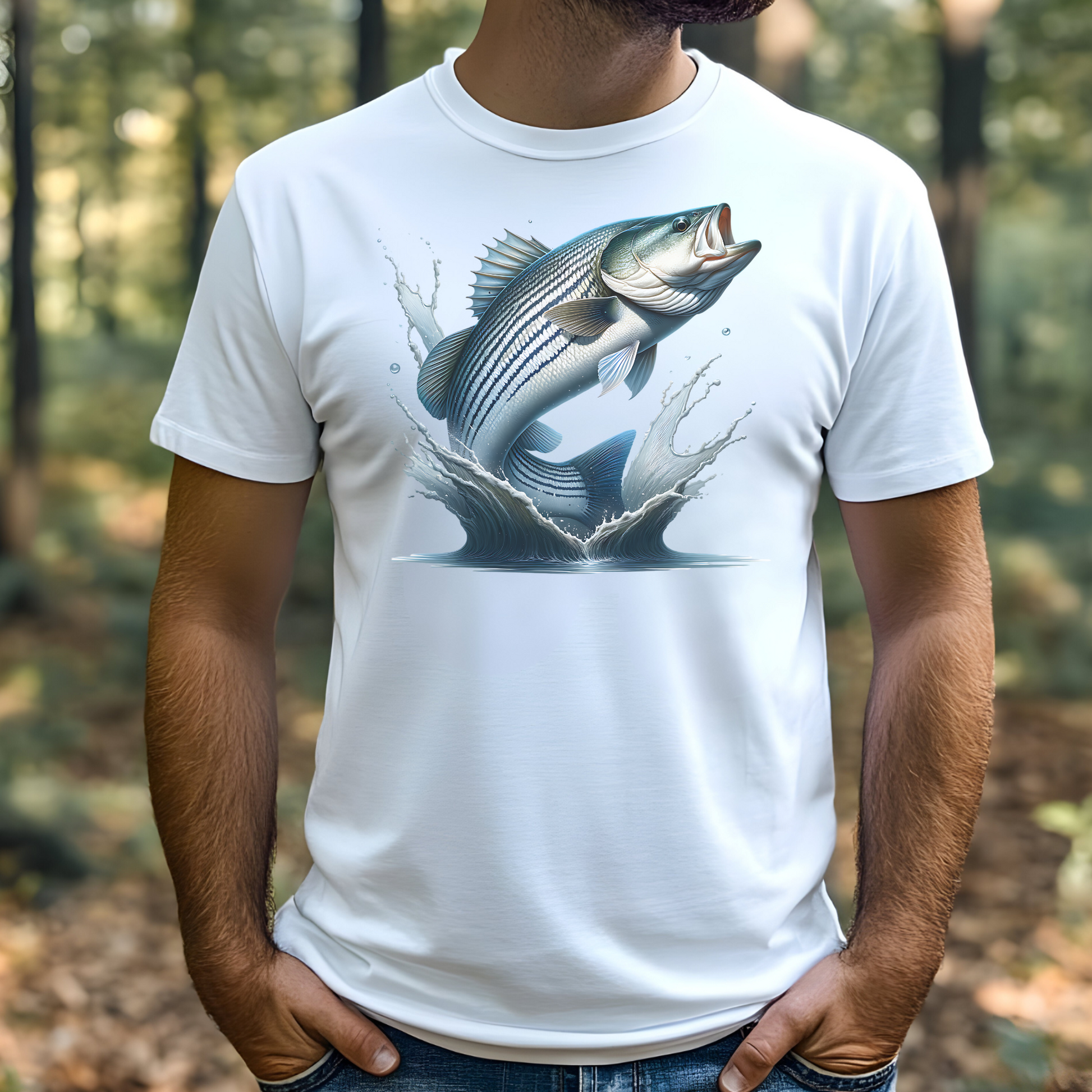Striped Bass PNG Digital Design on a man's white t-shirt
