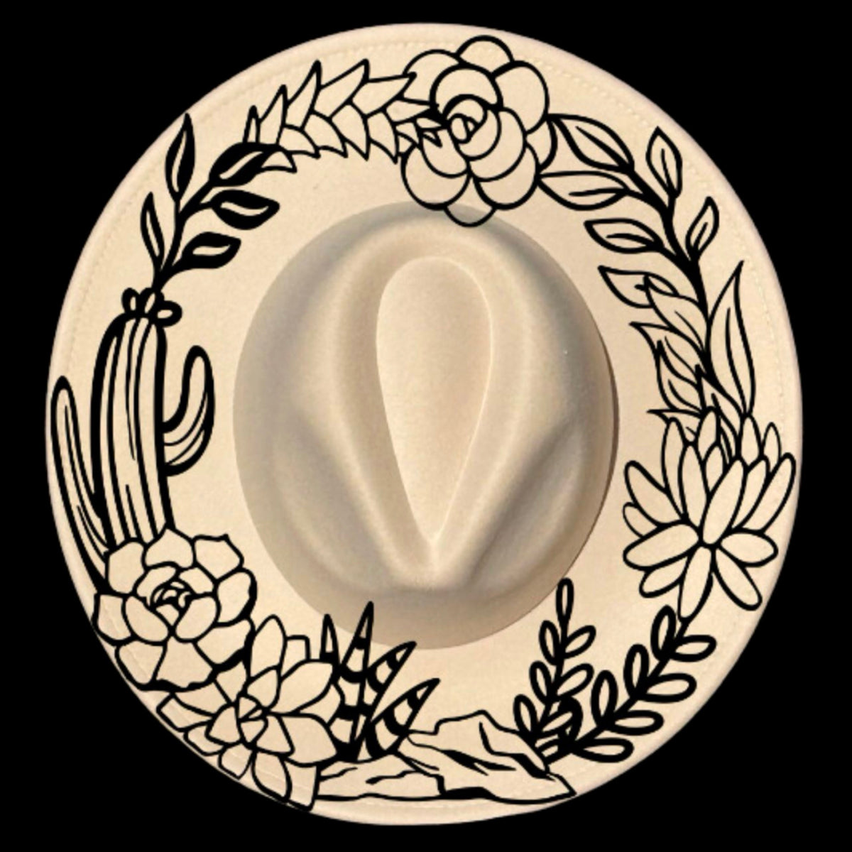 succulent wreath design on a wide brim hat