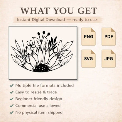 Floral design with file format icons and text on a beige background