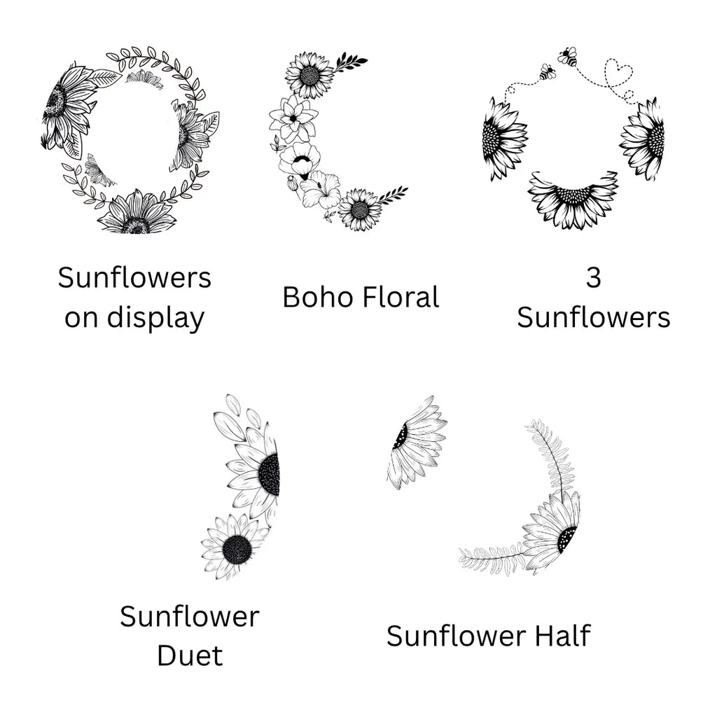Set of black and white sunflower-themed designs with labels on a white background