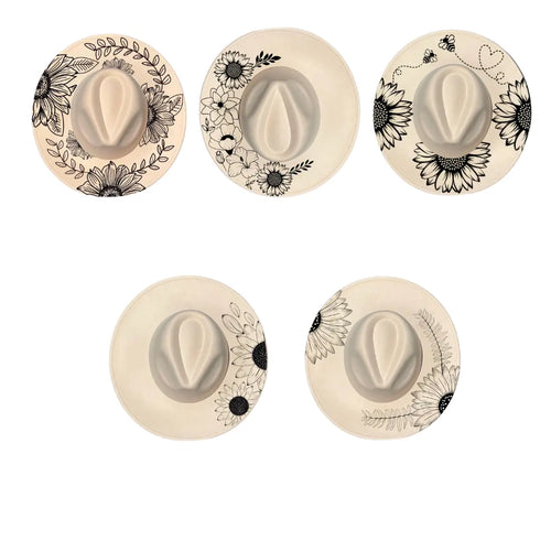 Set of five decorative wide brim hats with floral designs on a beige background