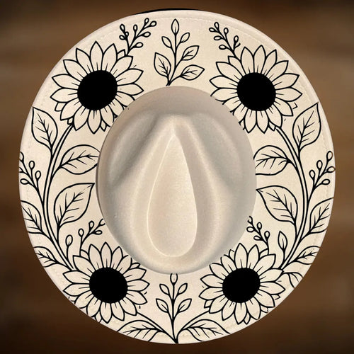Wide brim hat burning design featuring sunflowers arranged around the brim.
