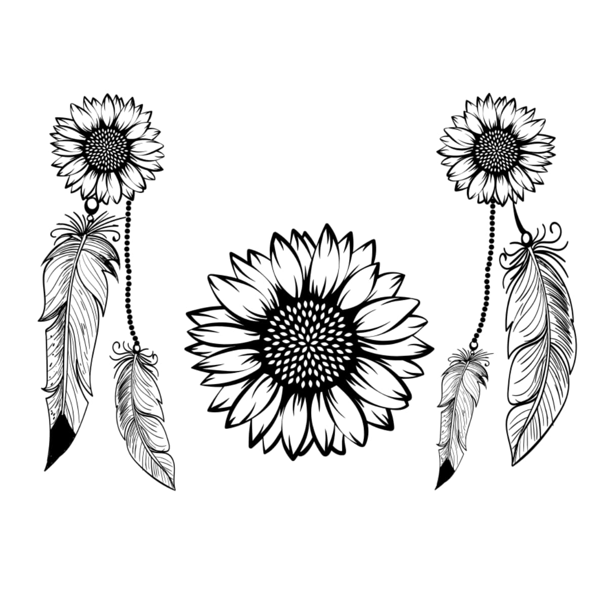 Black and white illustrations of sunflowers and feathers on a white background
