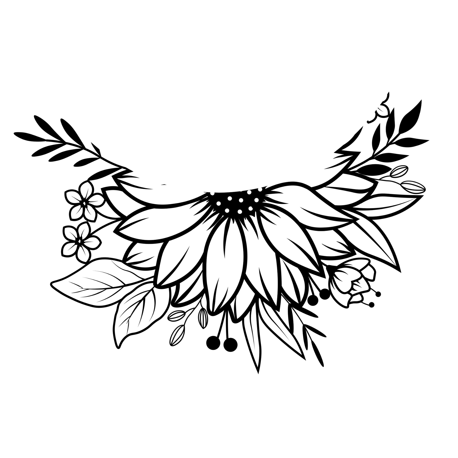 Black sunflower floral design on a white background