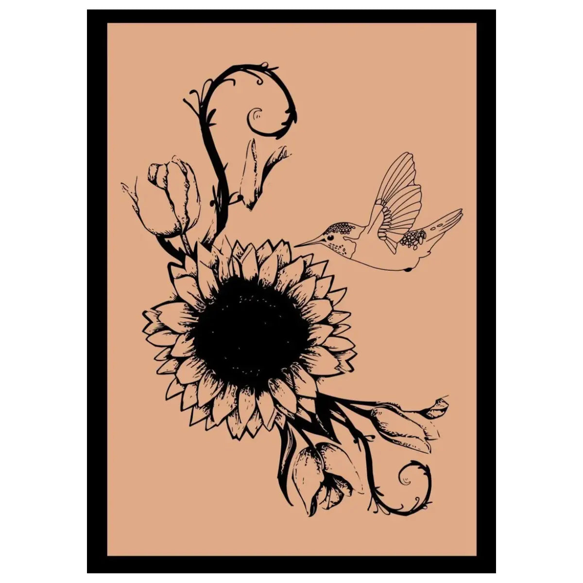 Black line drawing of a sunflower and hummingbird on a beige background