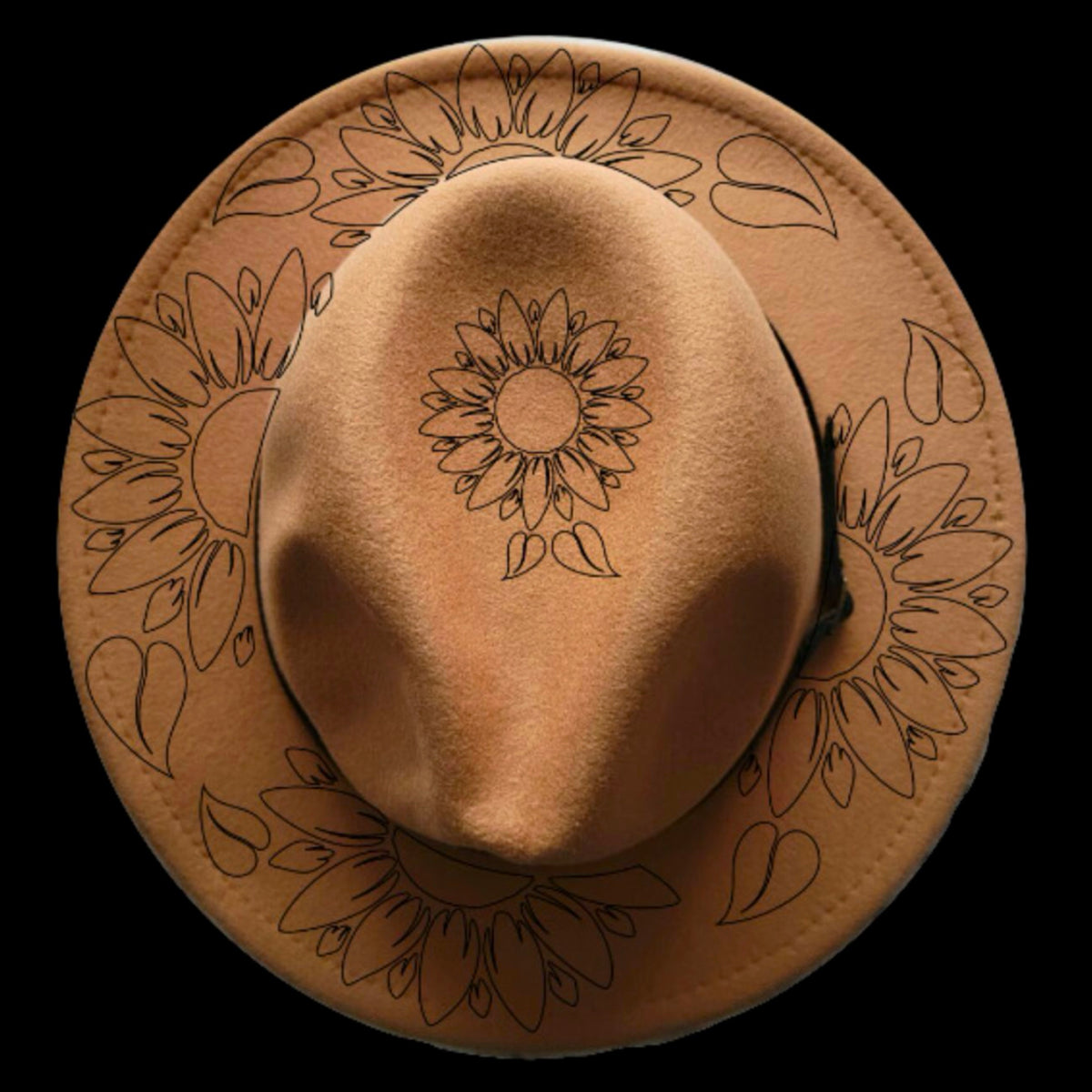 Sunflower 2 burned hat burning design on a narrow brim hat
