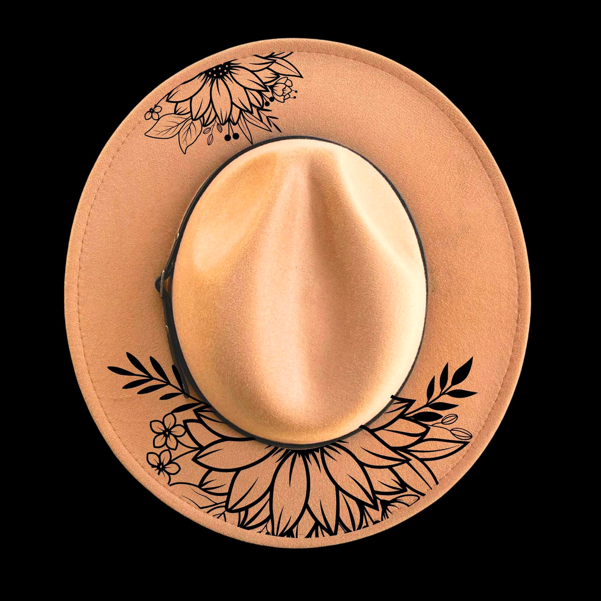 Sunflower X2 burned hat burning design on a narrow brim hat