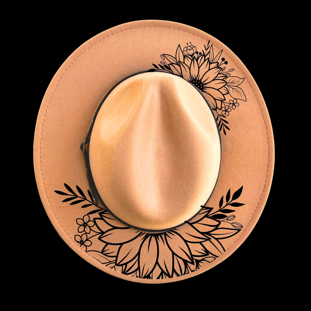 Sunflower Duo burned hat burning design on a narrow brim hat