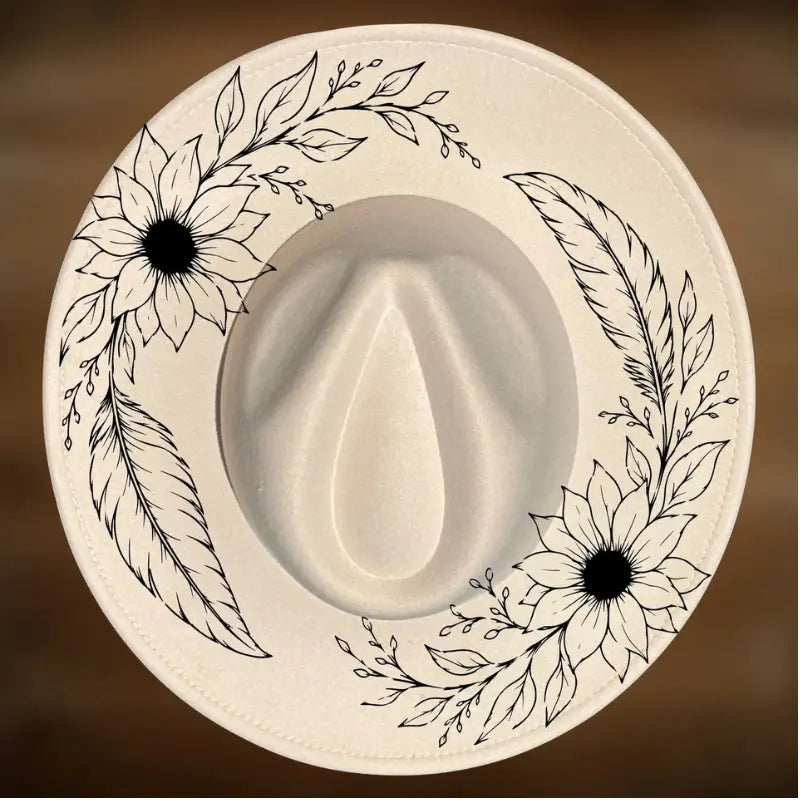 Sunflower Feather Wide Brim Hat Burning Design