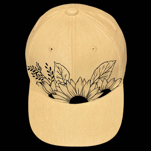 Sunflower Fun burned hat burning design on a baseball cap.