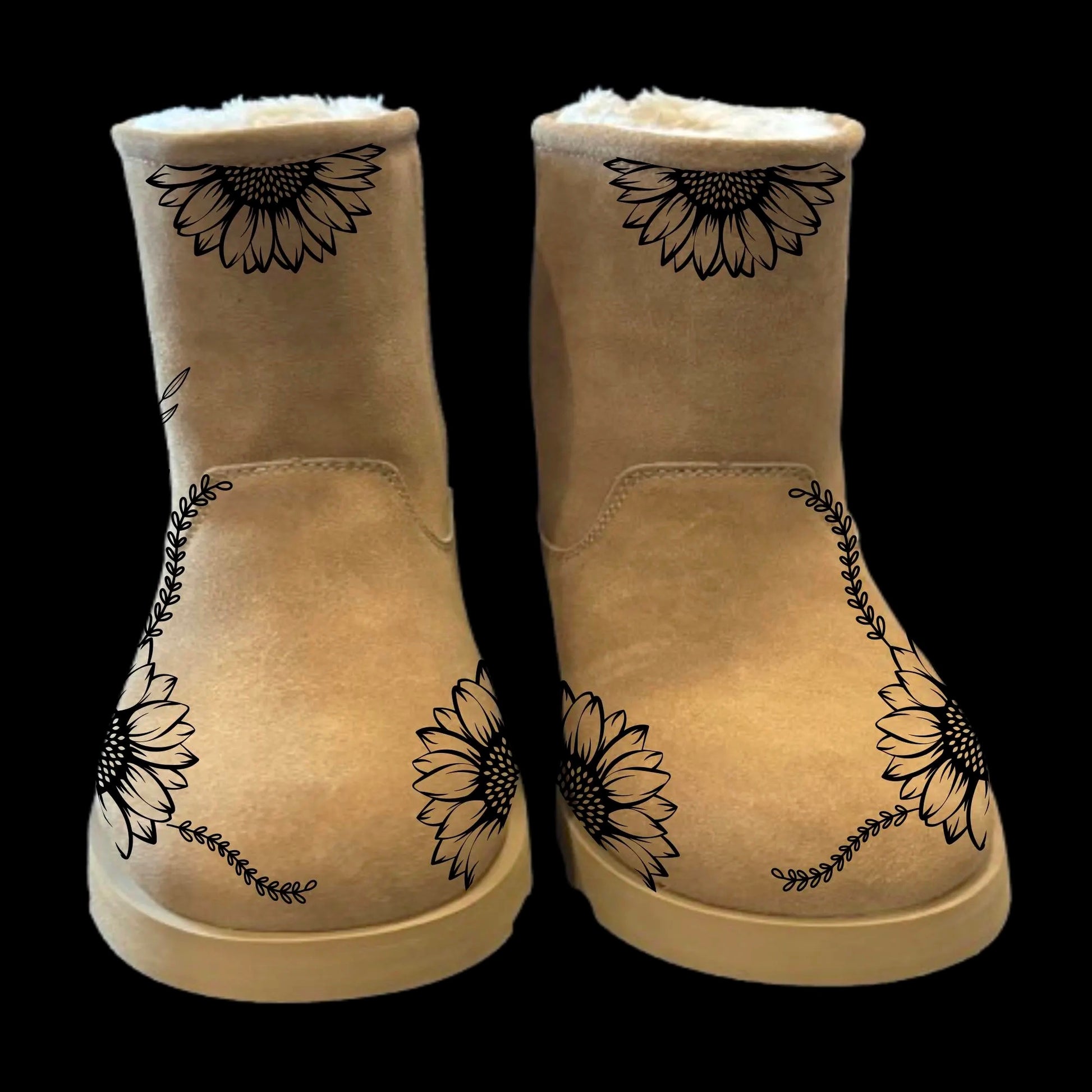 Sunflower Laurel boot burning design on a pair of boots front view