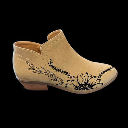 Sunflower Laurel boot burning design on a shoe side view