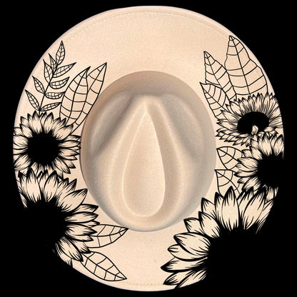Sunflower Leaves burned hat burning design on a wide brim hat