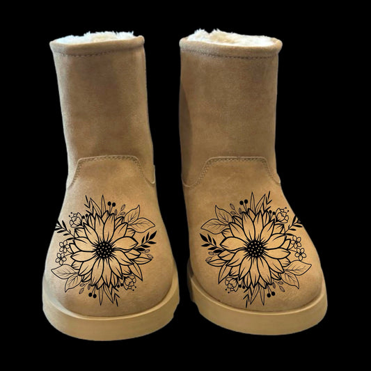 Sunflower Spray boot burning design on a pair of boots.