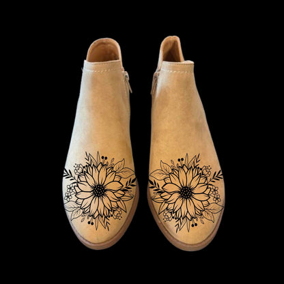 Sunflower Spray boot burning design on a pair of shoes